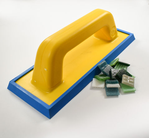 Bright yellow and blue grout float for mosaic makers