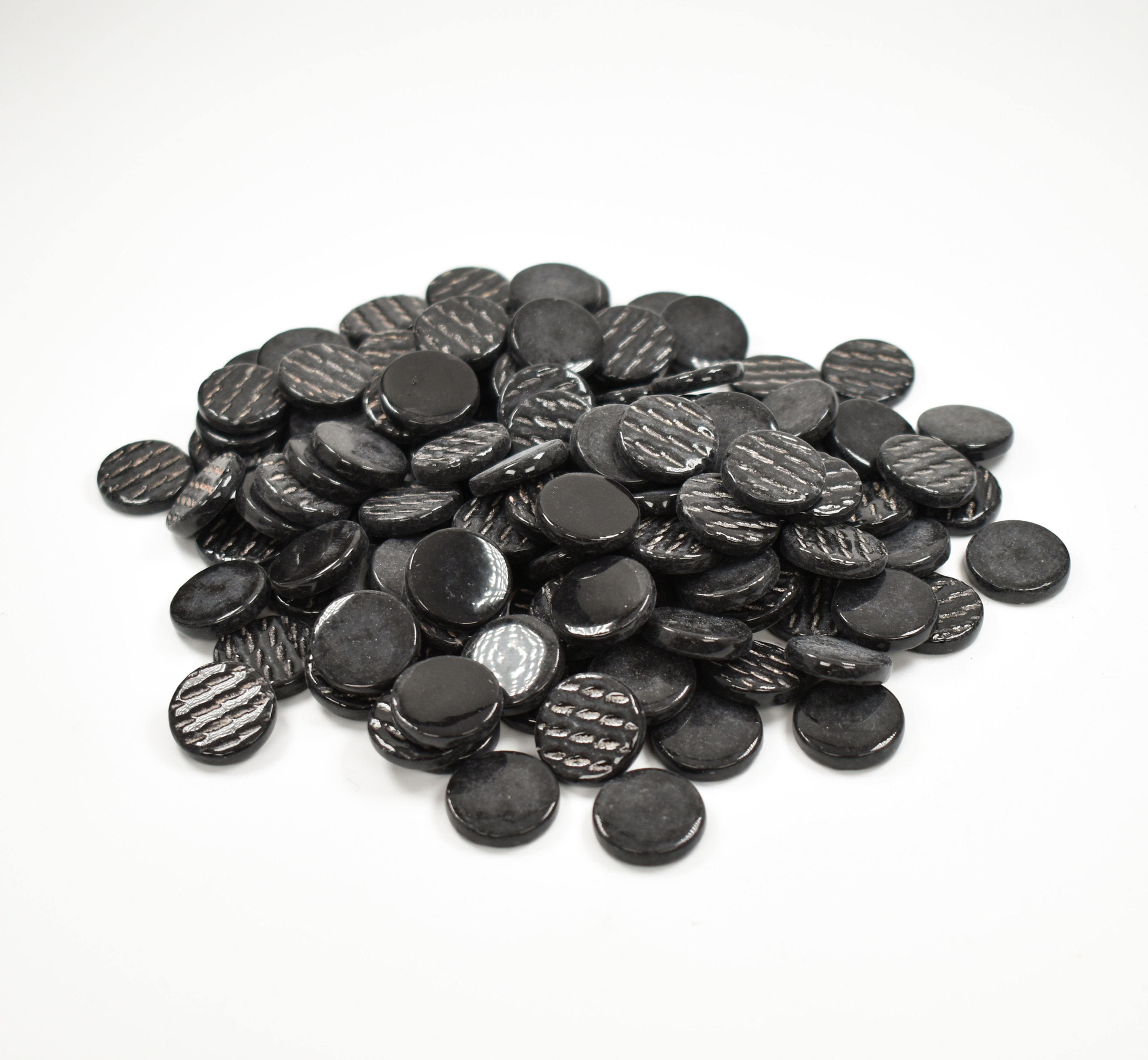 Black glass buttons, 250g bag
