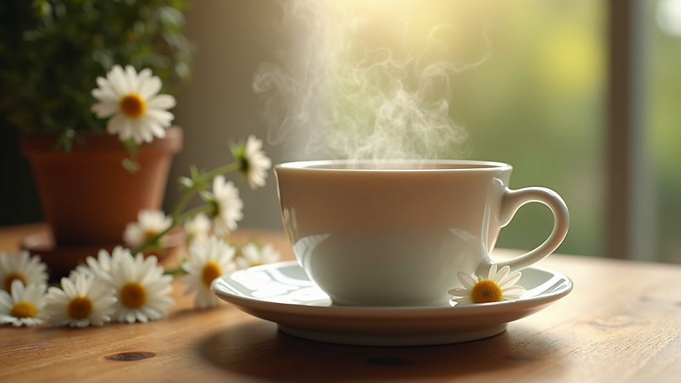 Close-up view of a steaming cup of chamomile tea on a wooden table