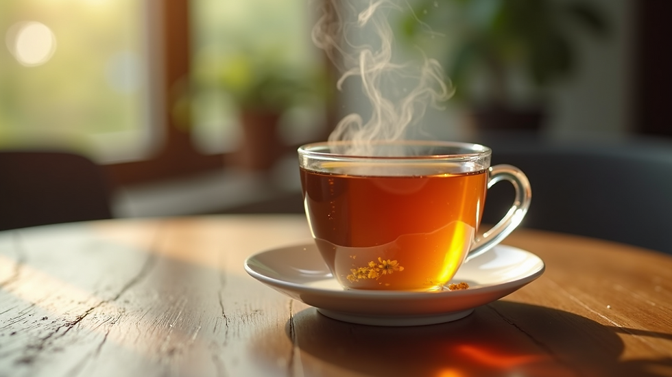 Close-up view of a steaming cup of chamomile tea on a wooden table