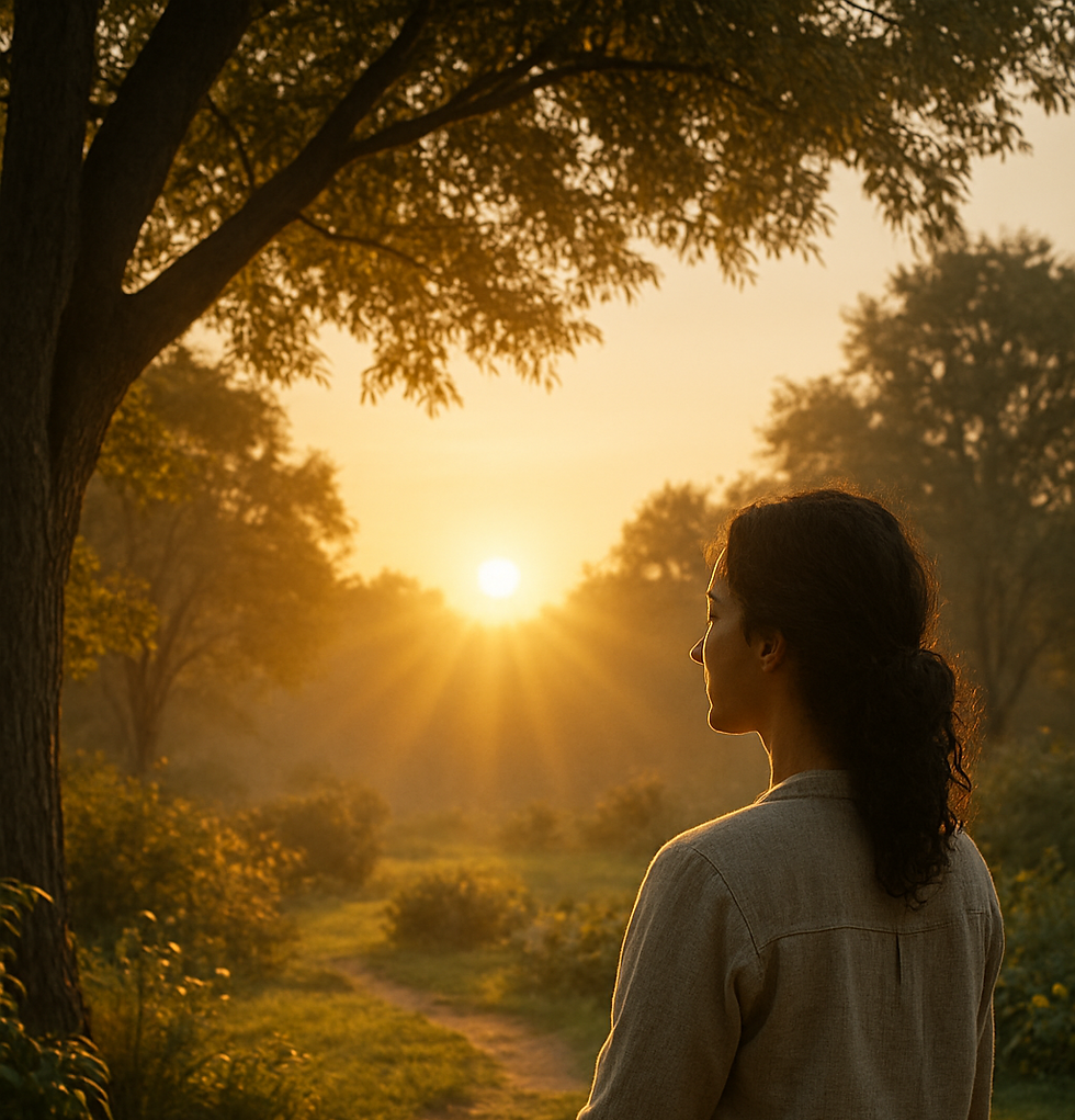 A person gazes at a serene sunrise on a forest path, surrounded by lush trees. Warm, golden light creates a peaceful atmosphere.