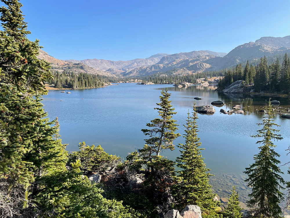 A lake with mountains and trees
