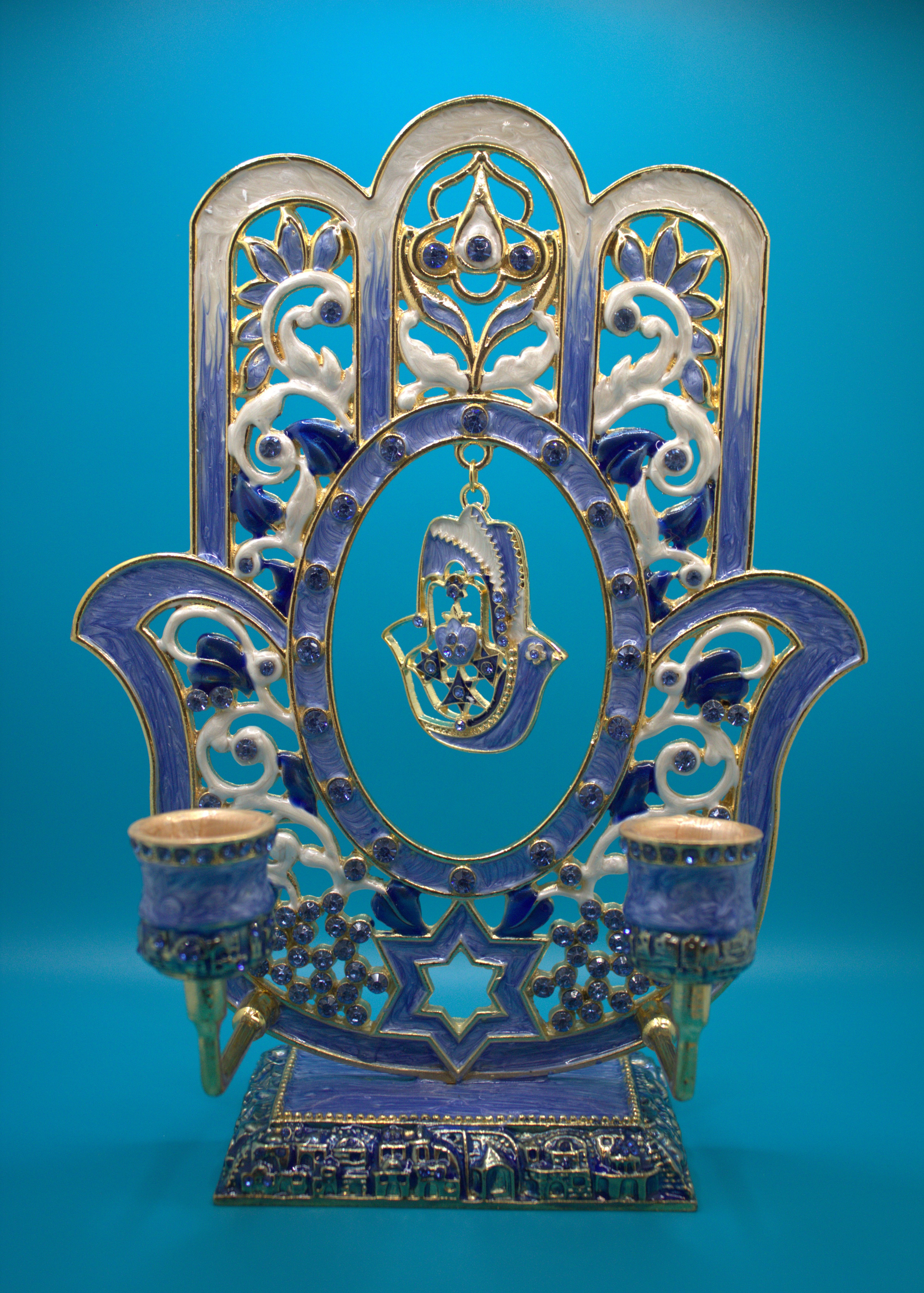 Hand Painted Blue Hamsa Deluxe Shabbat Candle Holder - 9.25 in