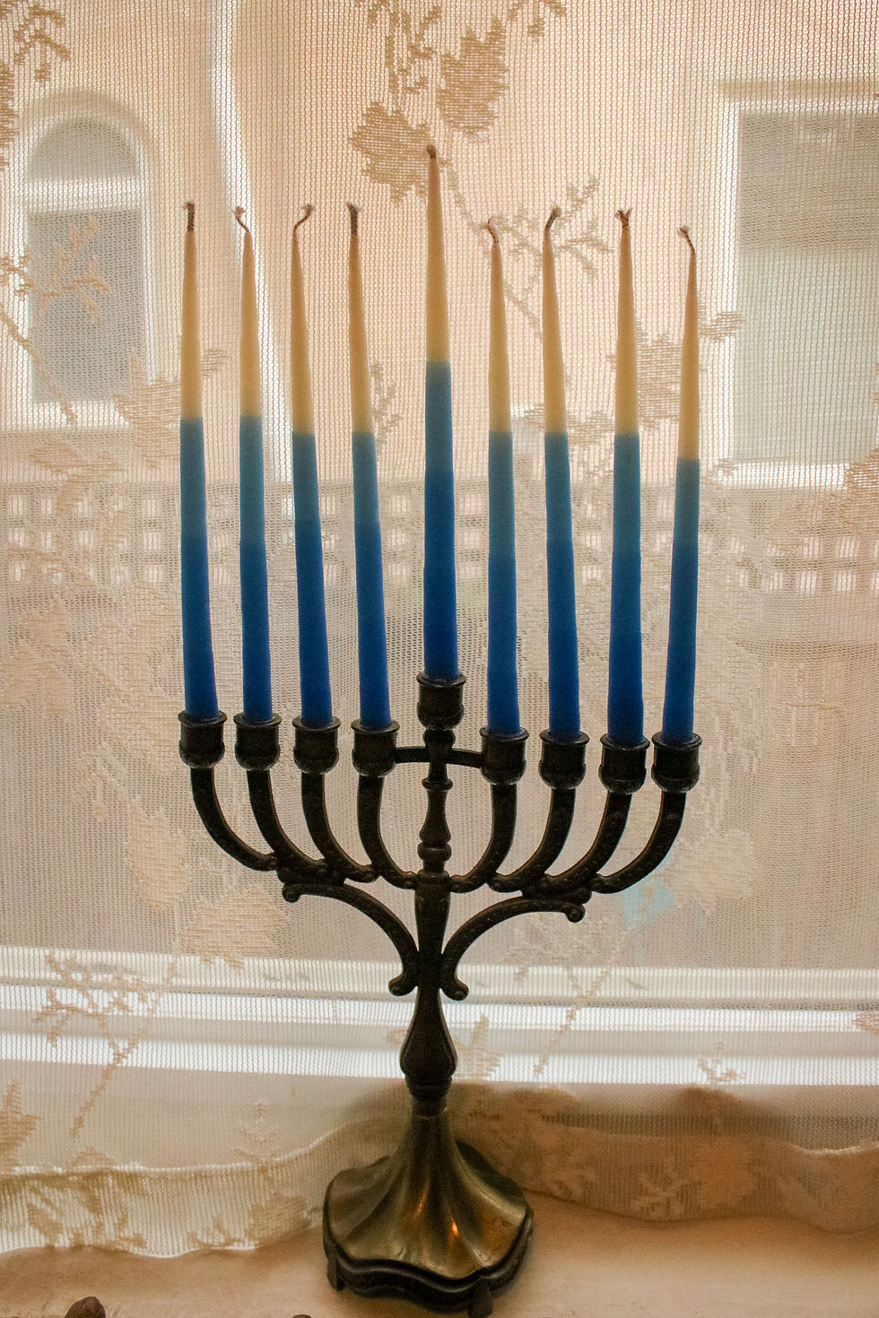 Thumbnail: Hand-dipped Dripless Beeswax Chanukah Candles - Blue & White Stripes - 44 Ct.