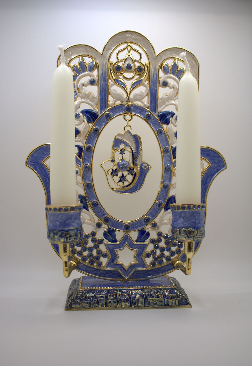 Thumbnail: Hand Painted Blue Hamsa Deluxe Shabbat Candle Holder - 9.25 in