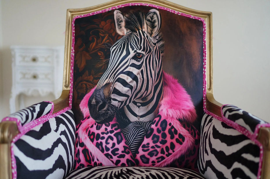 Gold-gilded French chair with a funky zebra print, zebra velvet, and vibrant fuchsia fur trim.