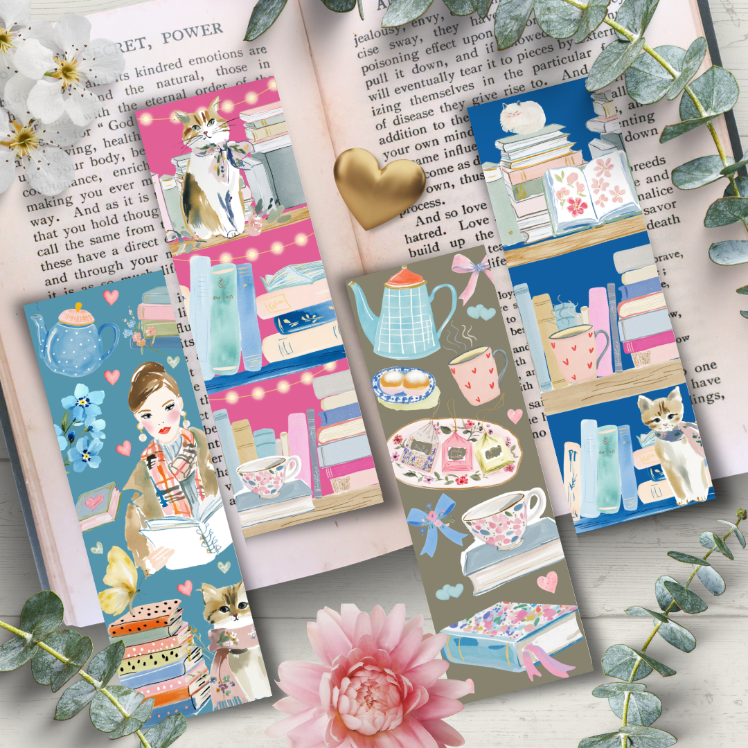 🐾 Lot de 4 Marque-Pages – Chats & Lecture