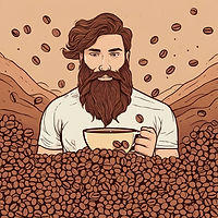 A bearded guy swimming in coffee beans.jpg