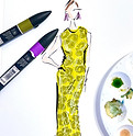 Fashion illustration of a woman in a yellow floral dress with pink heels, sketched with markers and watercolor on white paper, surrounded by art supplies.
