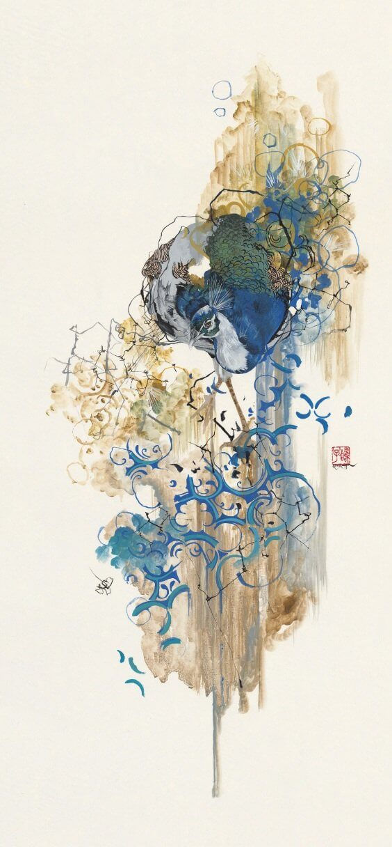 Hong Kong original art bird and flowers by Nissa Kauppila