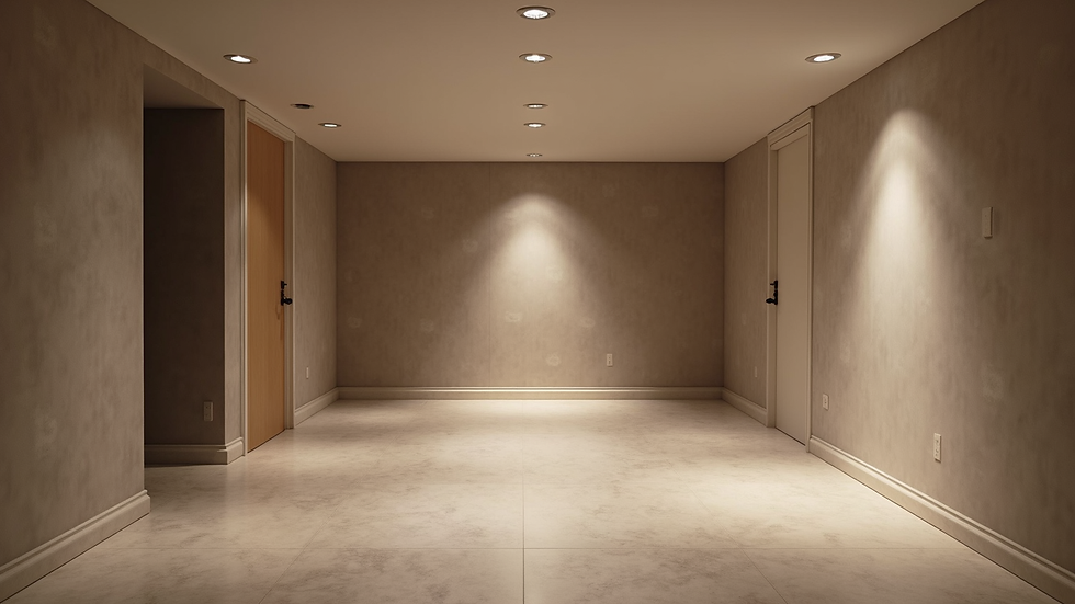 Wide angle view of a finished basement with modern flooring and recessed lighting
