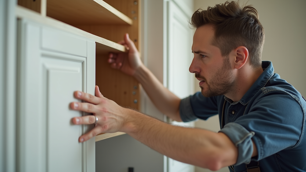 Close-up view of a handyman installing a kitchen cabinet