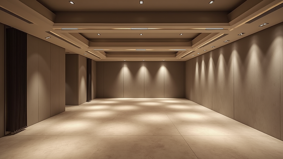 Wide angle view of a finished basement with modern flooring and recessed lighting