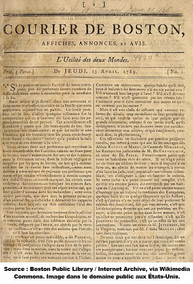 May 14th edition of the Courier de Boston, showing George Washington's inaugural address in both French and English.