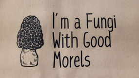 A close up image of a decal on a beige canvas bag that says "I'm a Fungi with Good Morels" with an image of a morel mushroom