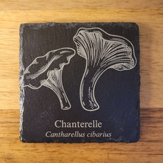 Slate coaster with engraved illustration of Chanterelle mushrooms. Slate Coasters - Wild Mushroom Set.