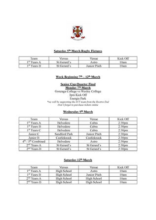 Upcoming Rugby Fixtures