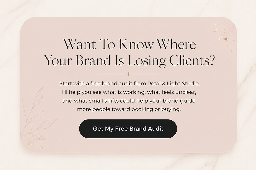 Pink card with text offering a free brand audit from Petal & Light Studio. Bold heading asks about losing clients. Button reads "Get My Free Brand Audit."