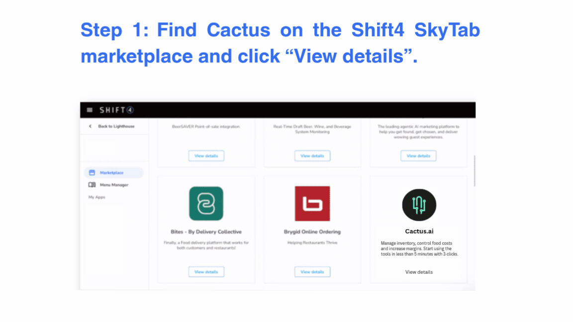 Cactus AI onboarding for SkyTab POS customers showing 3-step setup 