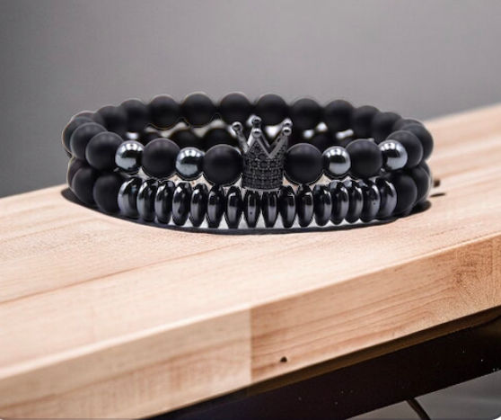 Thumbnail: DABC 2pc Men Crown/Matte Bead Bracelet Set