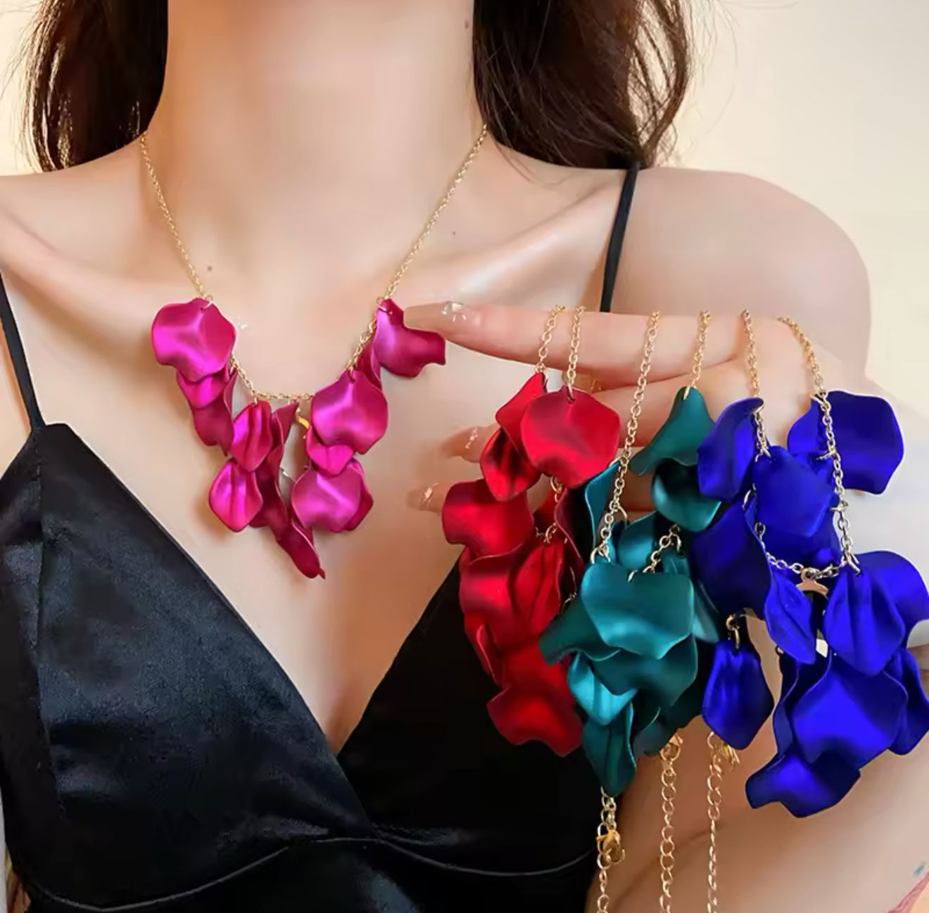 DABC Rose Petals Tassel Chain Necklace Set