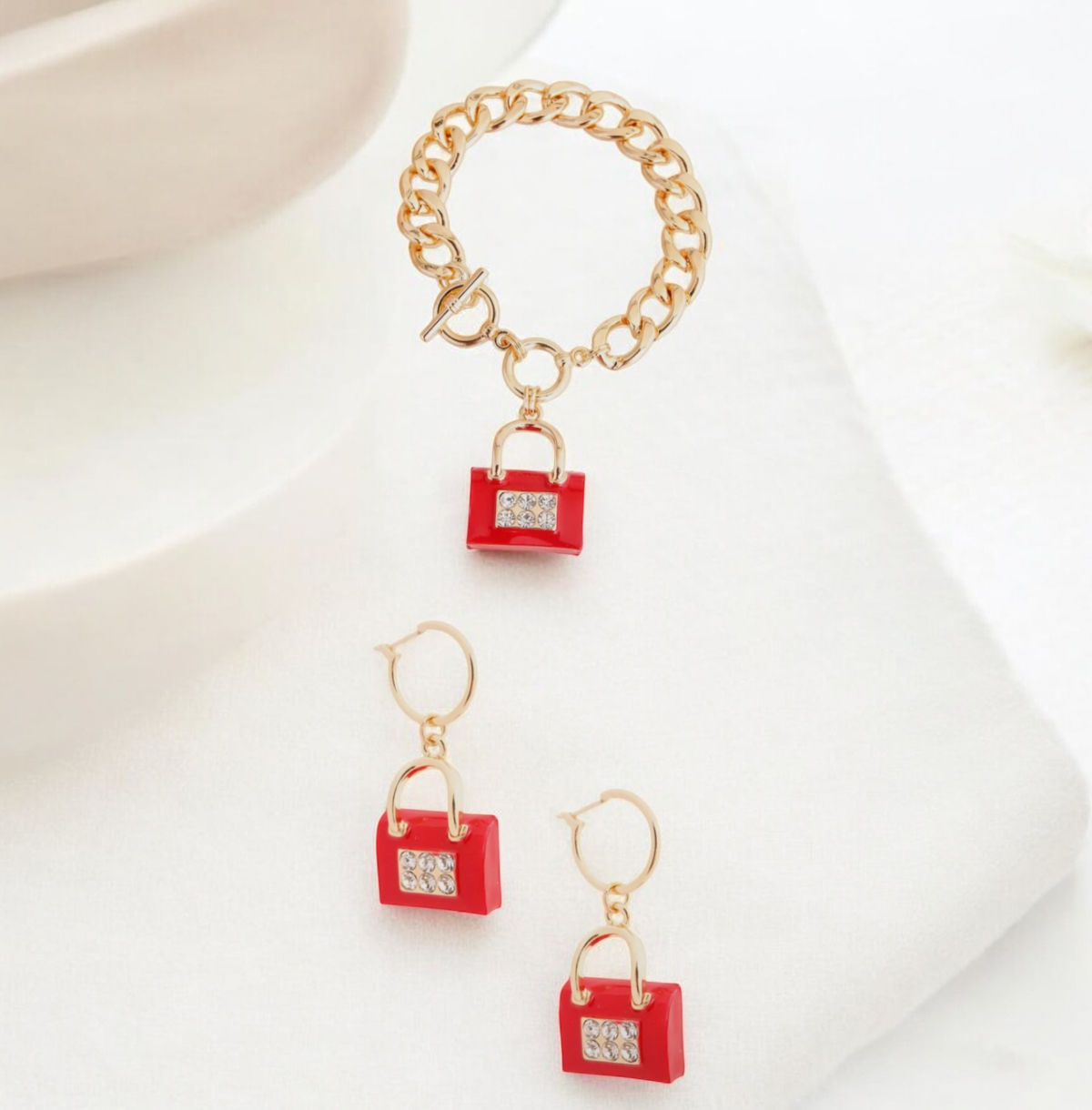DABC Red Boutique Bag Charm Earrings & Bracelet Se
