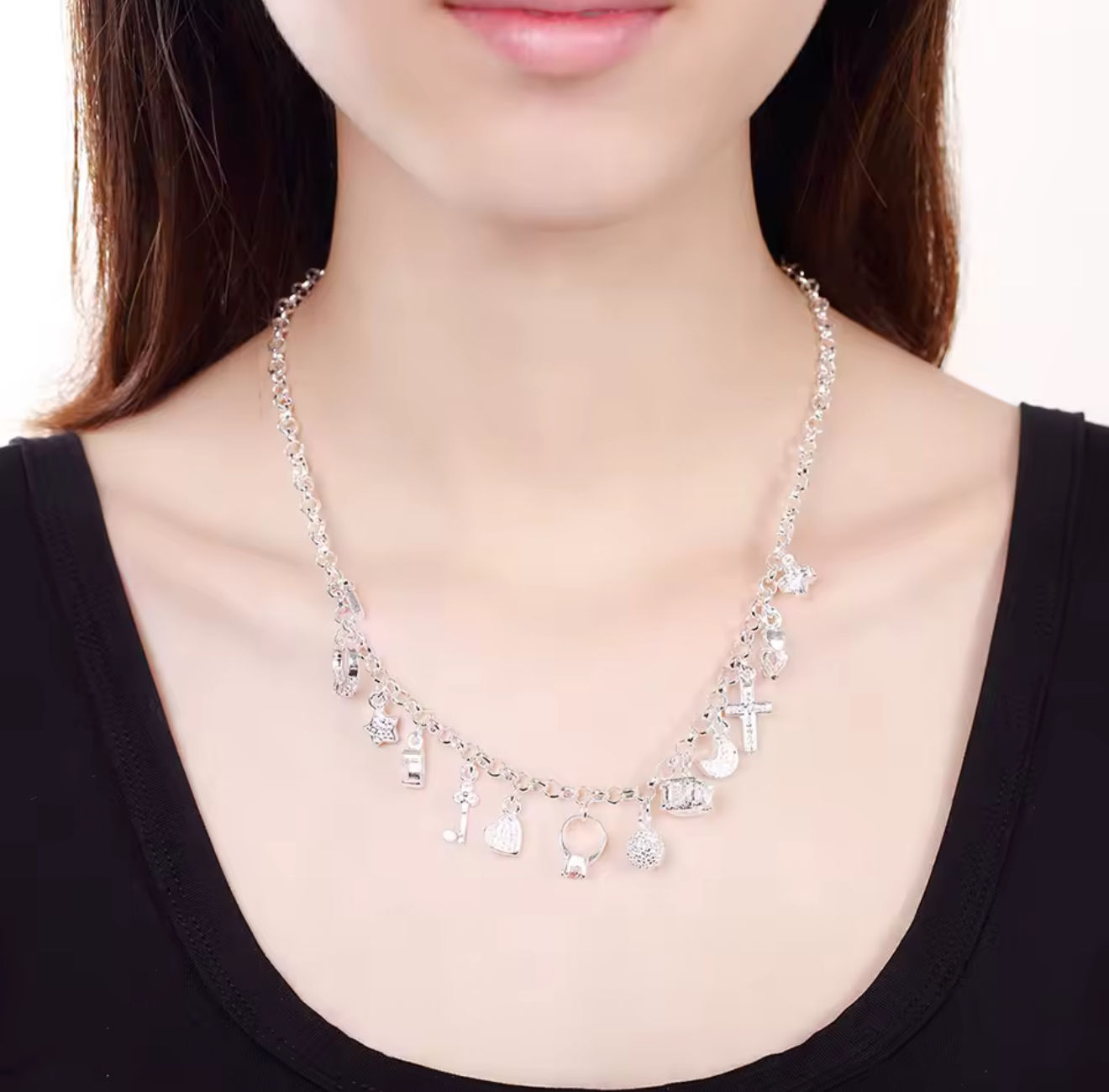 DABC 925 Silver 13-Charm Necklace & Bracelet Set