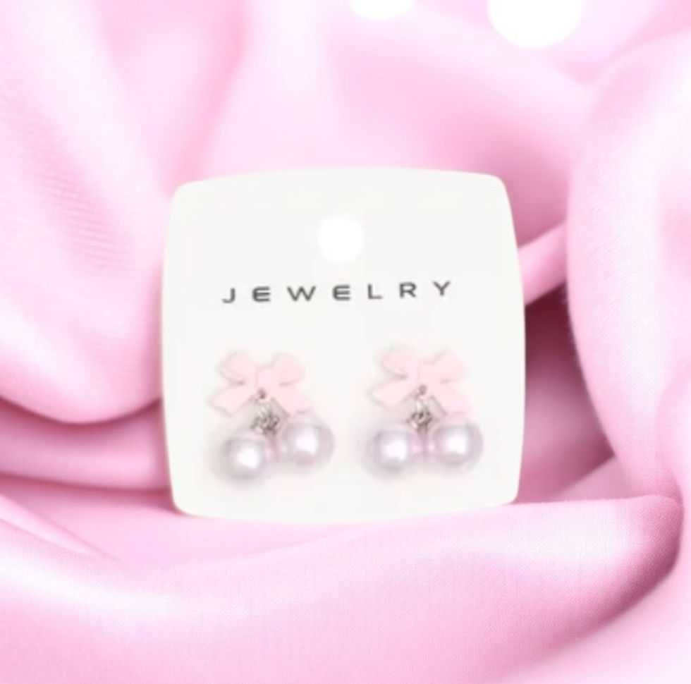 Thumbnail: DABC Pastel Bow & Pearls Stud Earrings