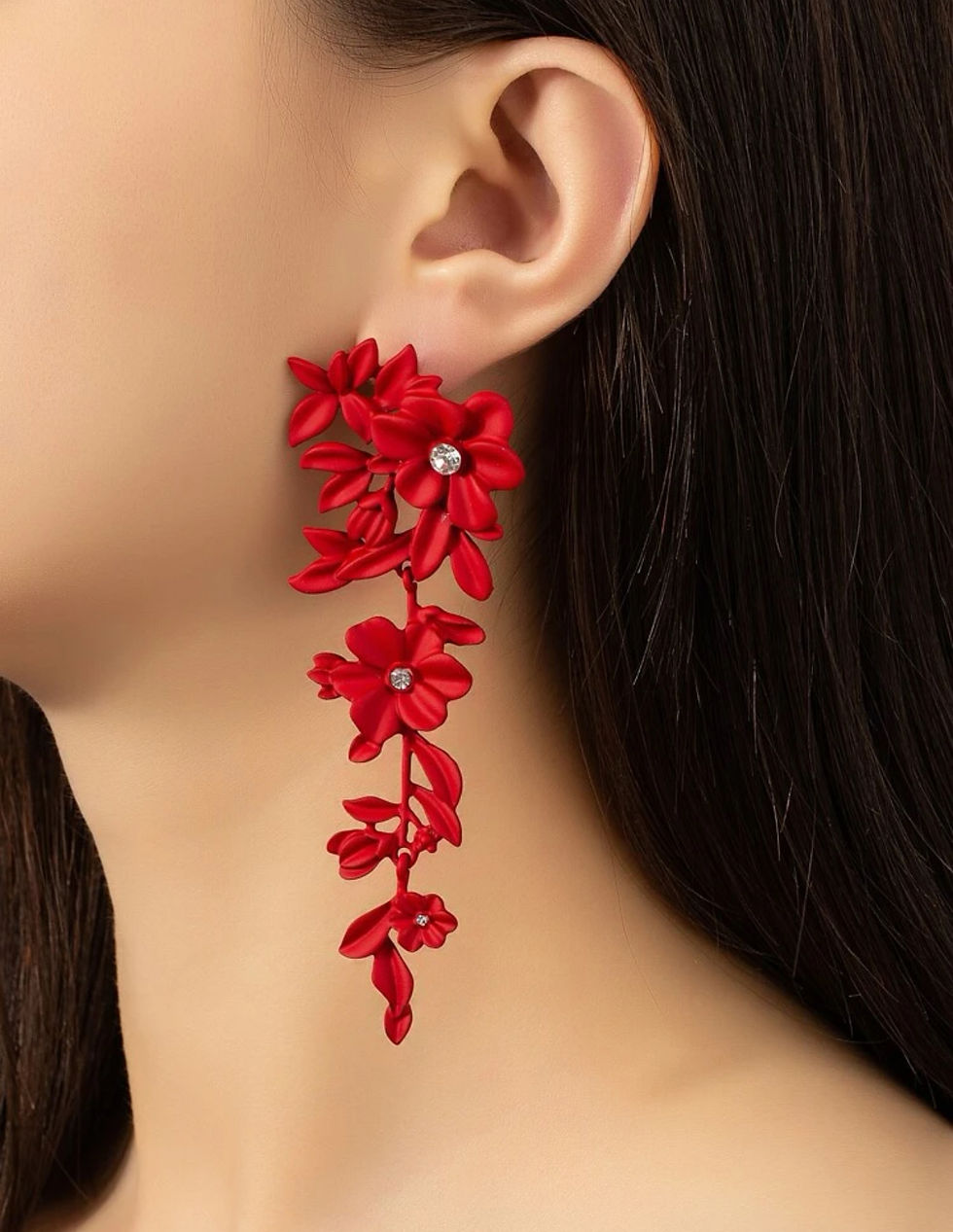Thumbnail: DABC Rhinestone Decor Flower Drop Earrings 