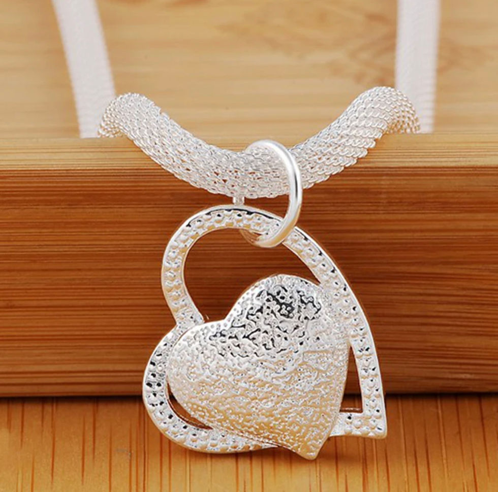 Thumbnail: DABC 925 Silver Double Heart Necklace