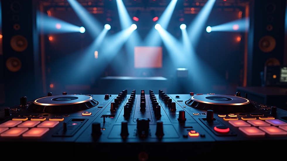 Eye-level view of professional DJ setup with speakers and lighting