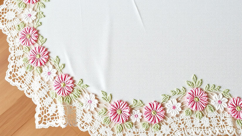 An image of a lace tablecloth with a light pink and green floral edge all the way around