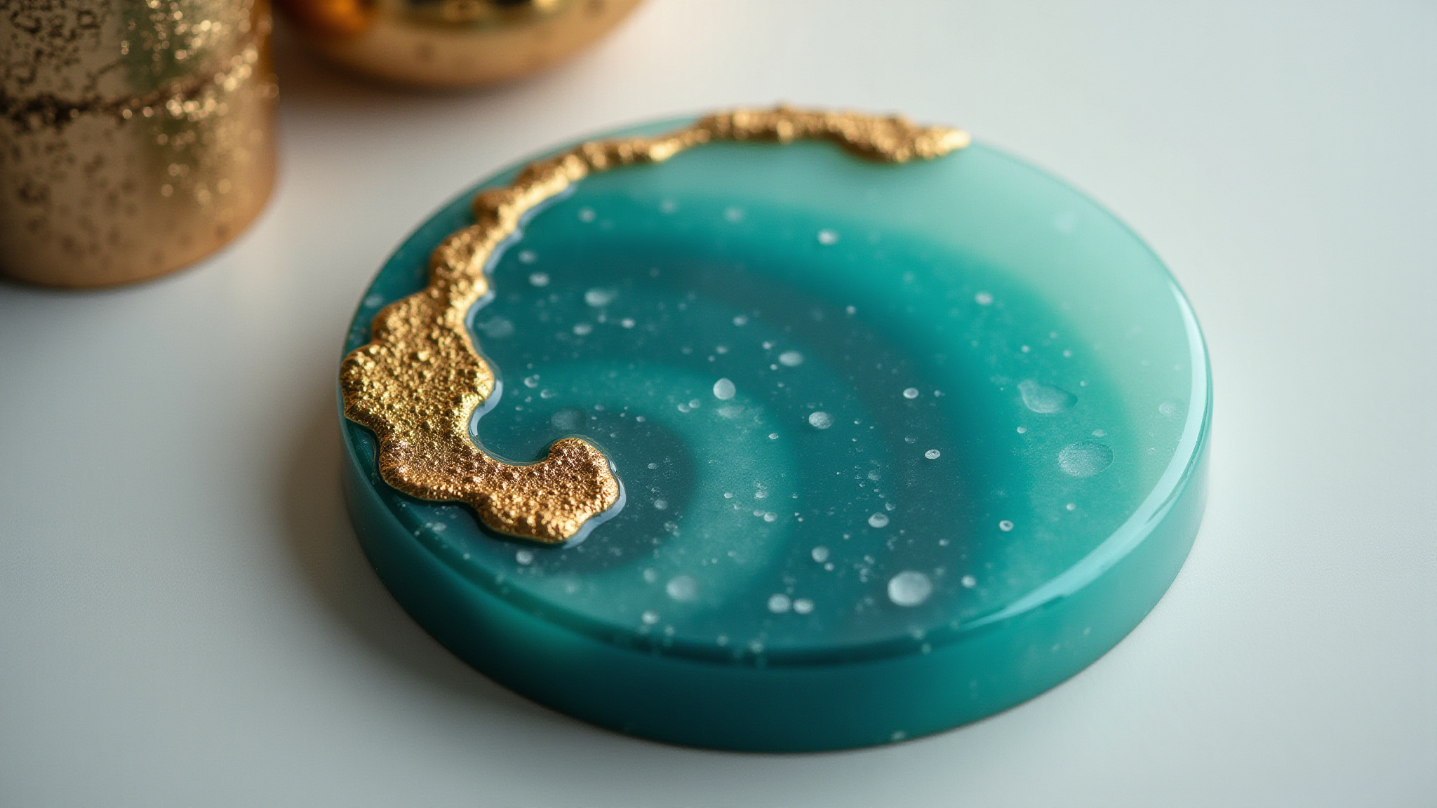 Round teal object with textured gold wave design