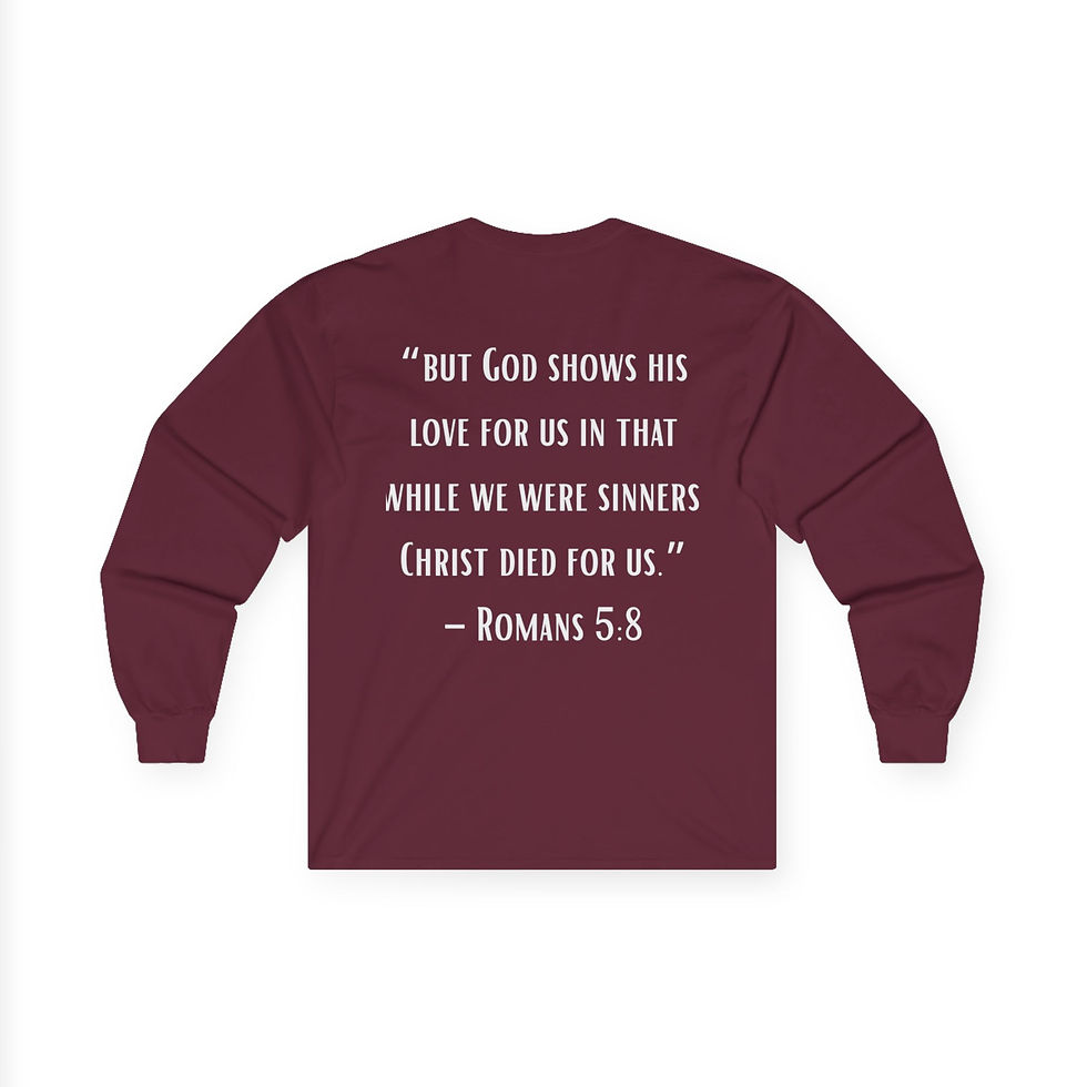 Thumbnail: Long Sleeve Tee — "but GOD" Christian Scripture Shirt (Romans 5:8)