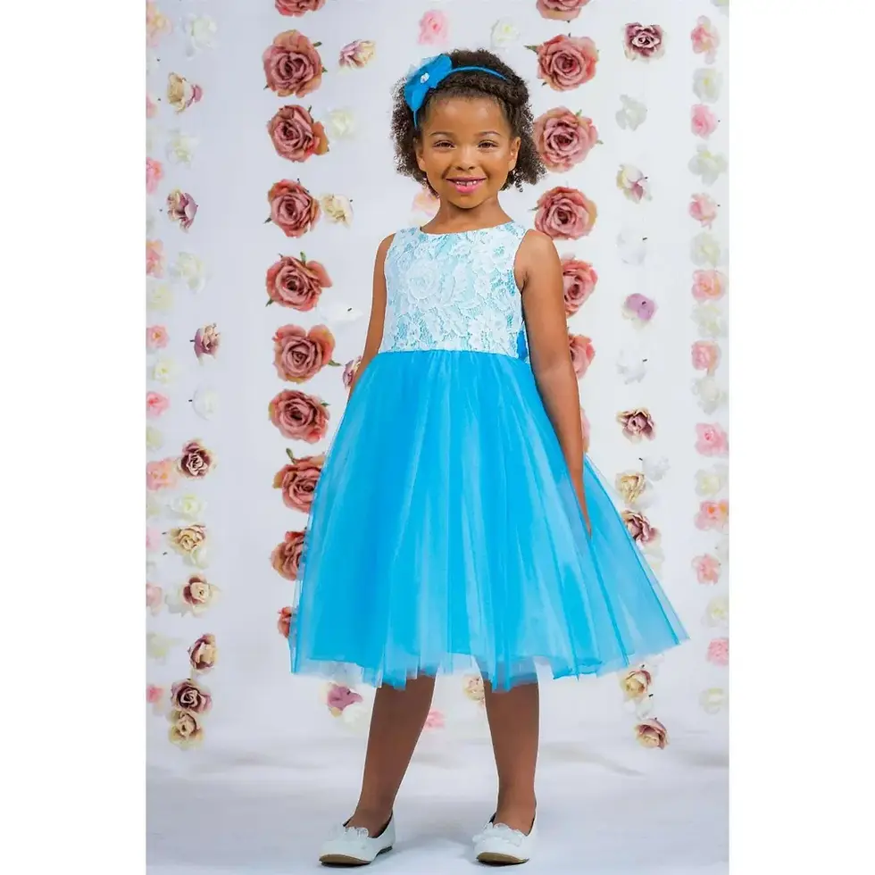 Thumbnail: flower girl dress with white lace bodice and blue tulle skirt