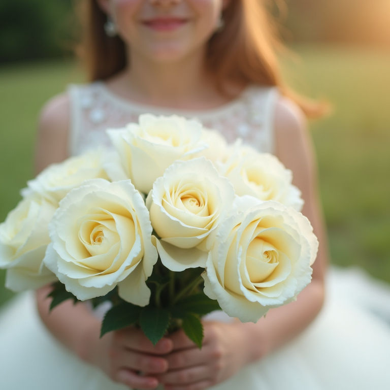 Eye-level view of a flower girl holding a bouquet of white roses