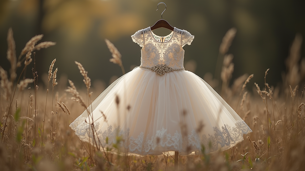 Eye-level view of a rustic flower girl dress with lace and tulle skirt