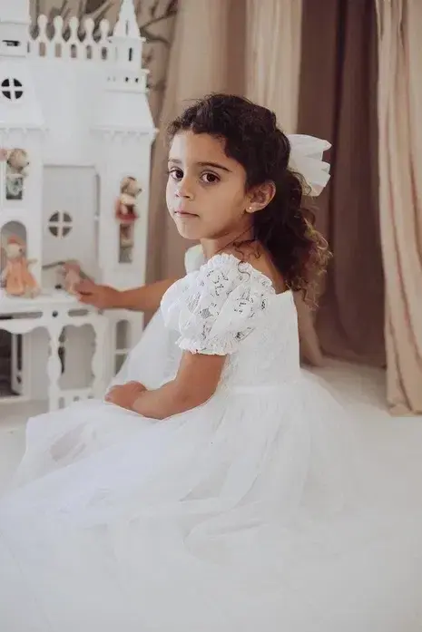 lace flower girl dress with puff sleeves