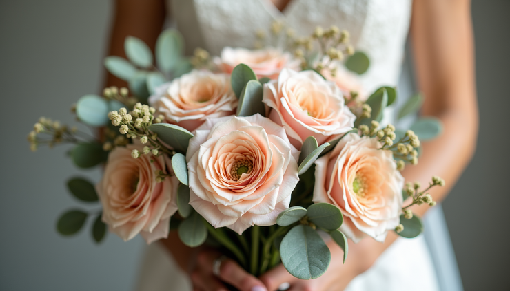 Eye-level view of a wedding bouquet featuring soft pastel and earthy tones