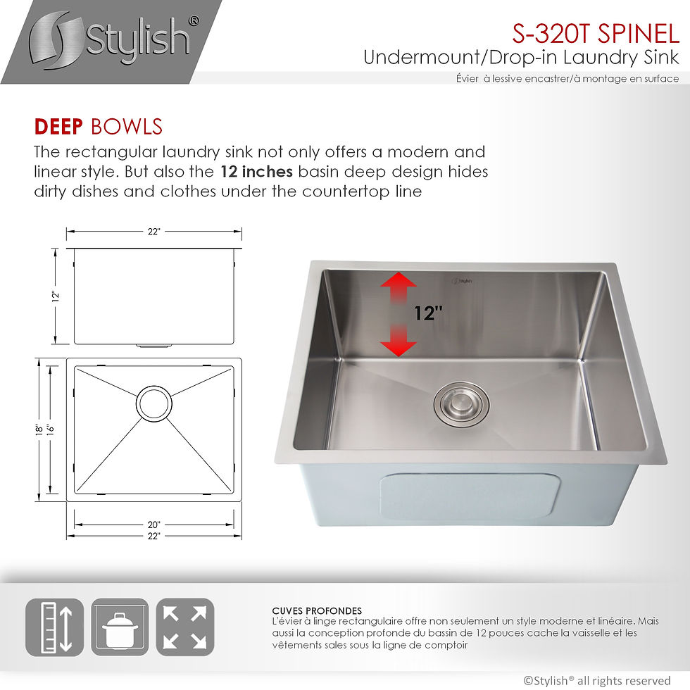 Miniature : OPEN BOX B S-320T STYLISH  22" SPINEL Single Bowl Kitchen Sink