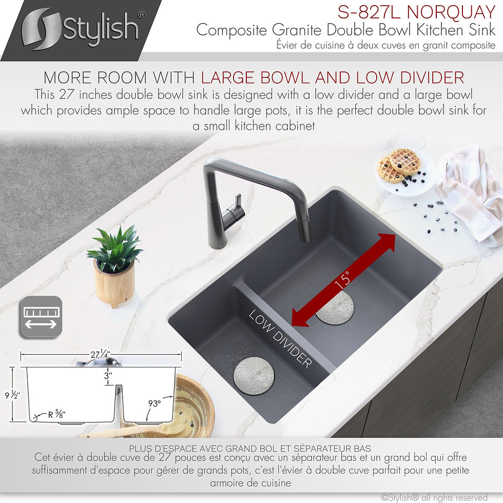 Miniature : STYLISH 27'' NORQUAY S-827L Gray Composite Granite Kitchen Sink
