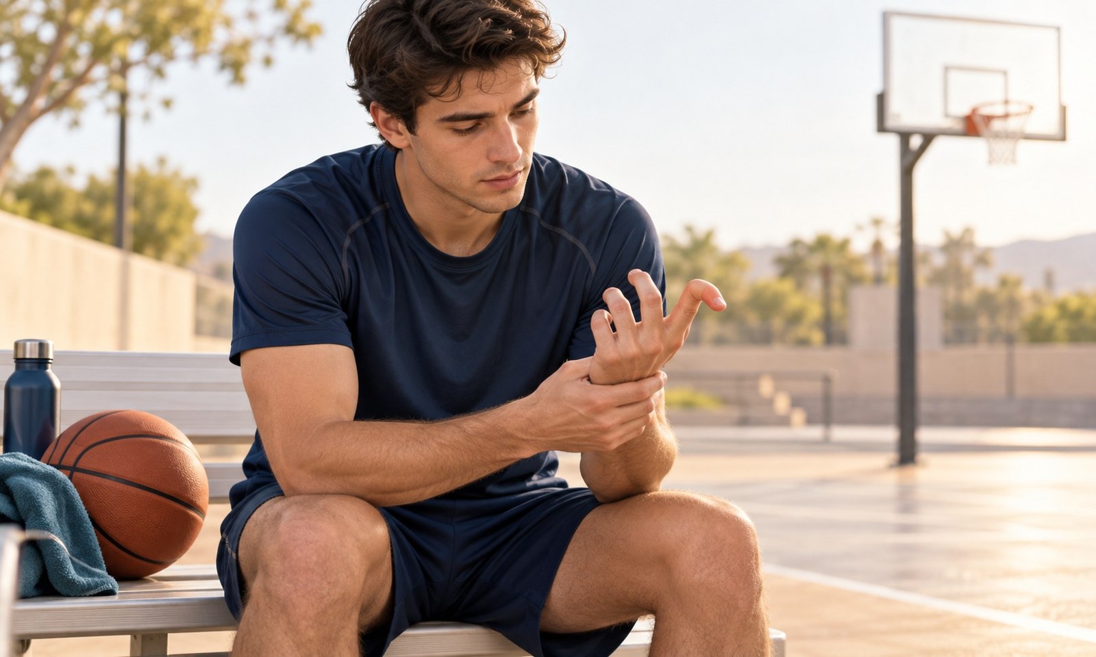 Basketball player examining a finger with a drooping fingertip after play.