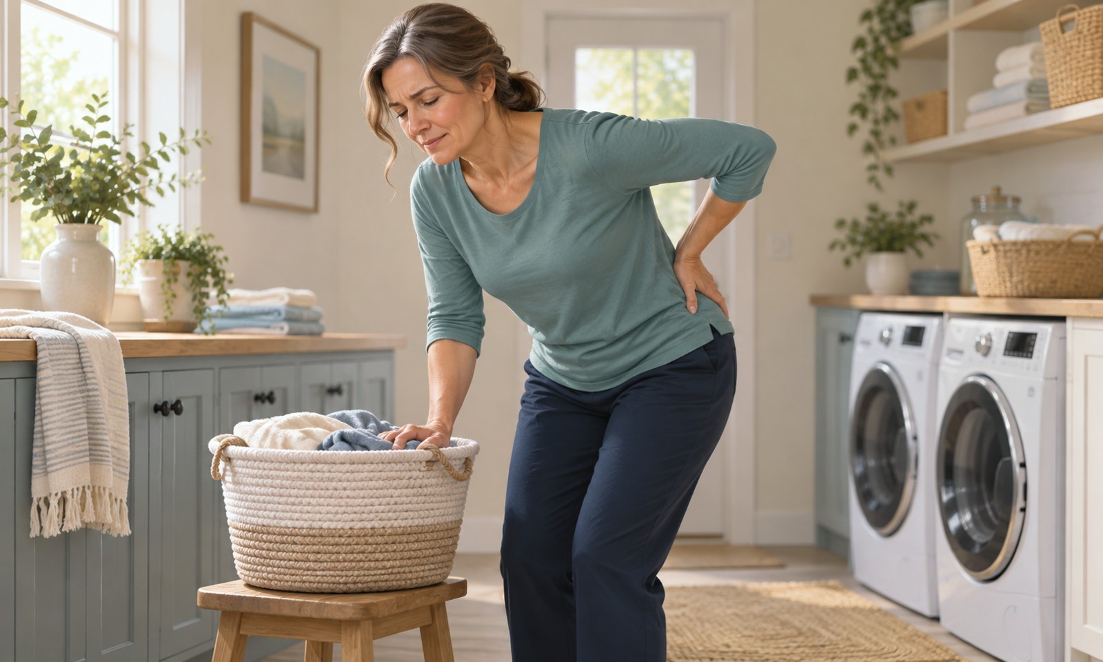 Woman pausing during a laundry task with a hand on her lower back and a basket resting on a stool.