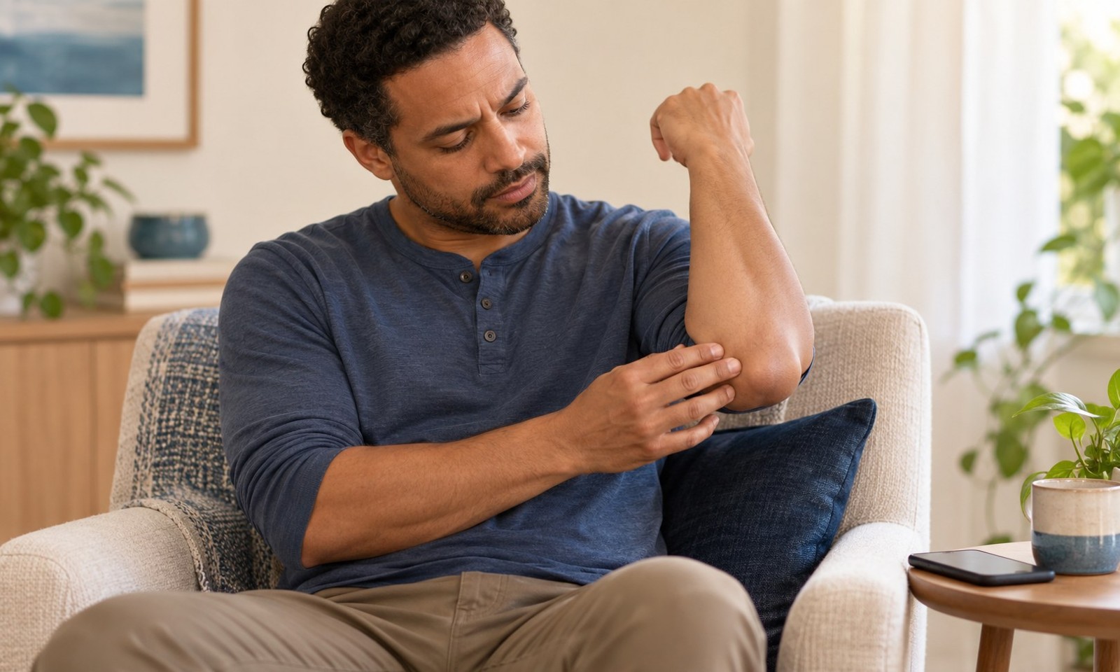 Man supporting the inside of his bent elbow while seated beside a phone.
