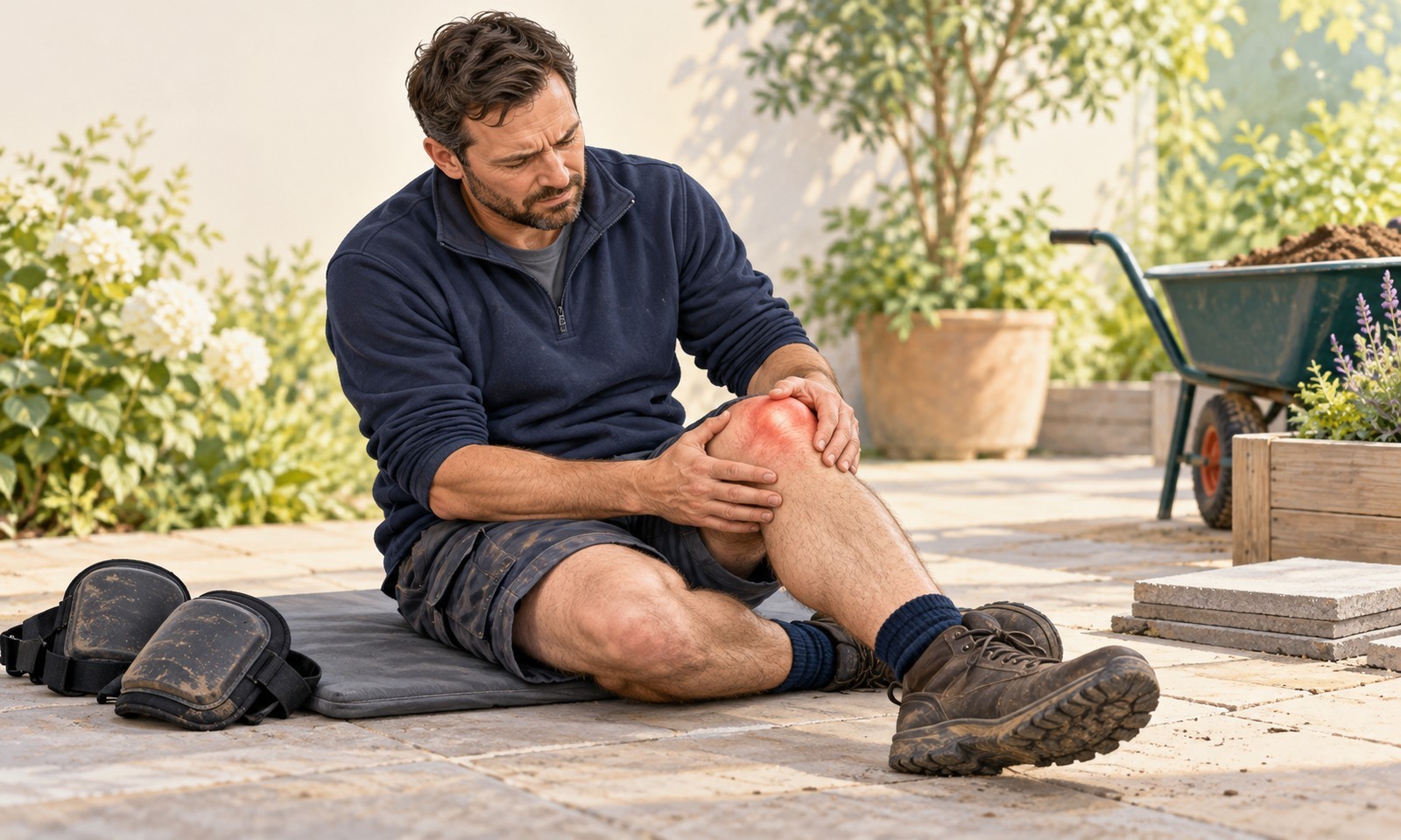 Illustration of a gardener touching the front of a swollen kneecap beside a kneeling mat.