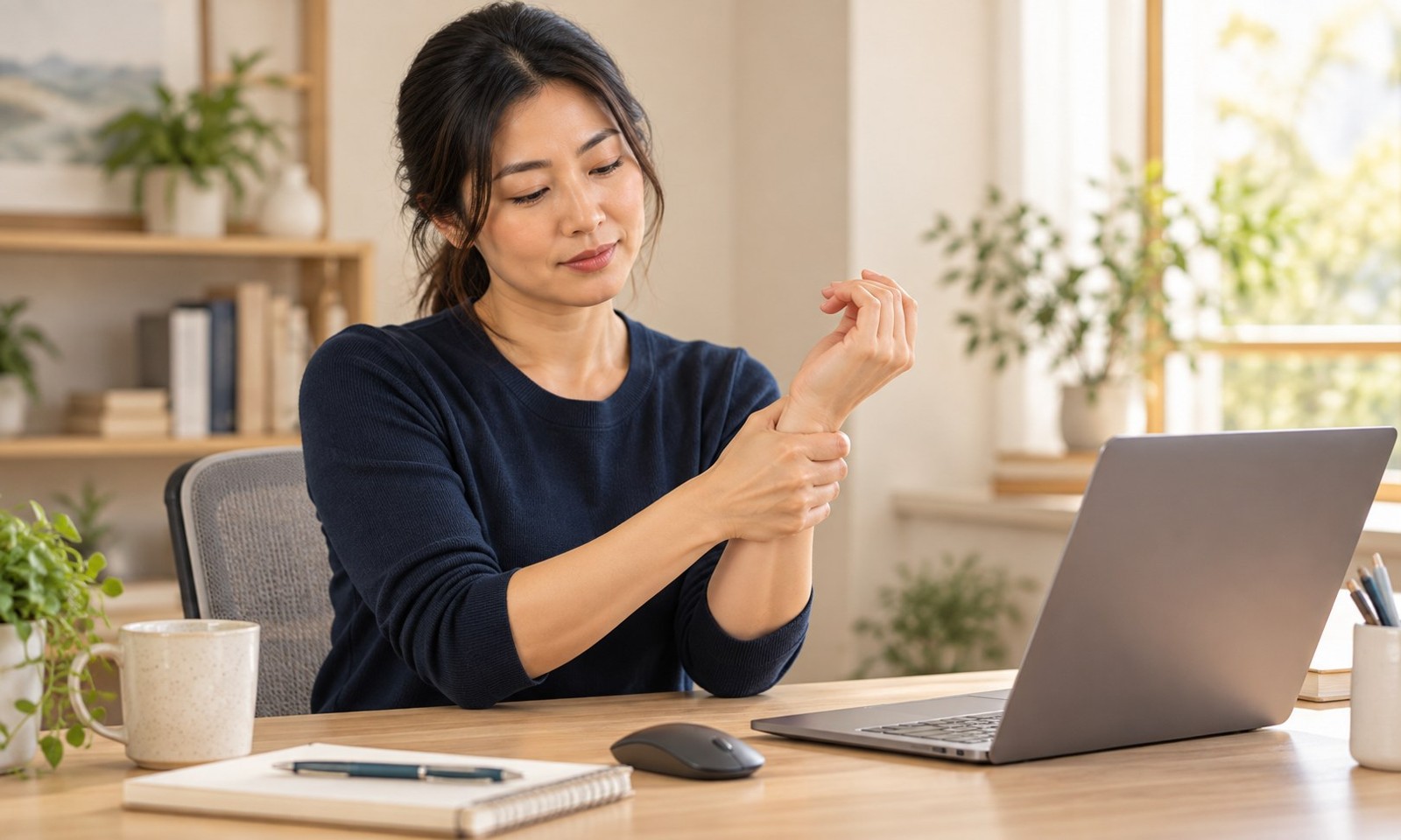 Office worker supporting her wrist while taking a break from keyboard and laptop work.