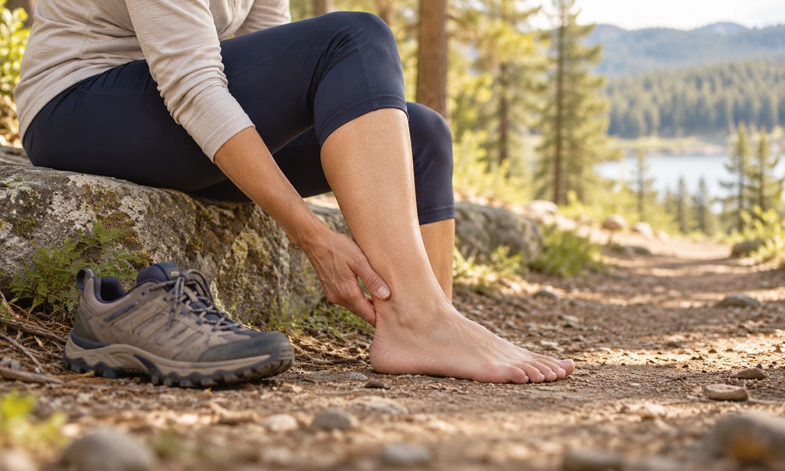 Illustrative image: A trail walker seated on a rock beside a level woodland path gently touches the outer ankle behind the ankle bone, with a walking shoe beside the foot. Quiet natural surroundings, lateral ankle tendon discomfort.