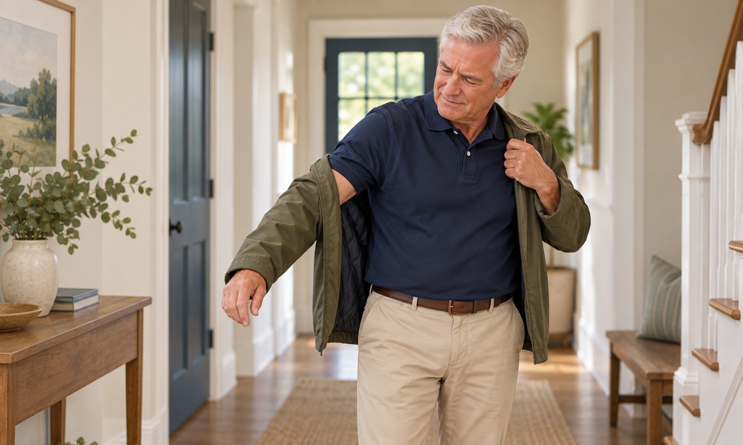 Illustration of an older man experiencing shoulder stiffness while putting on a jacket.