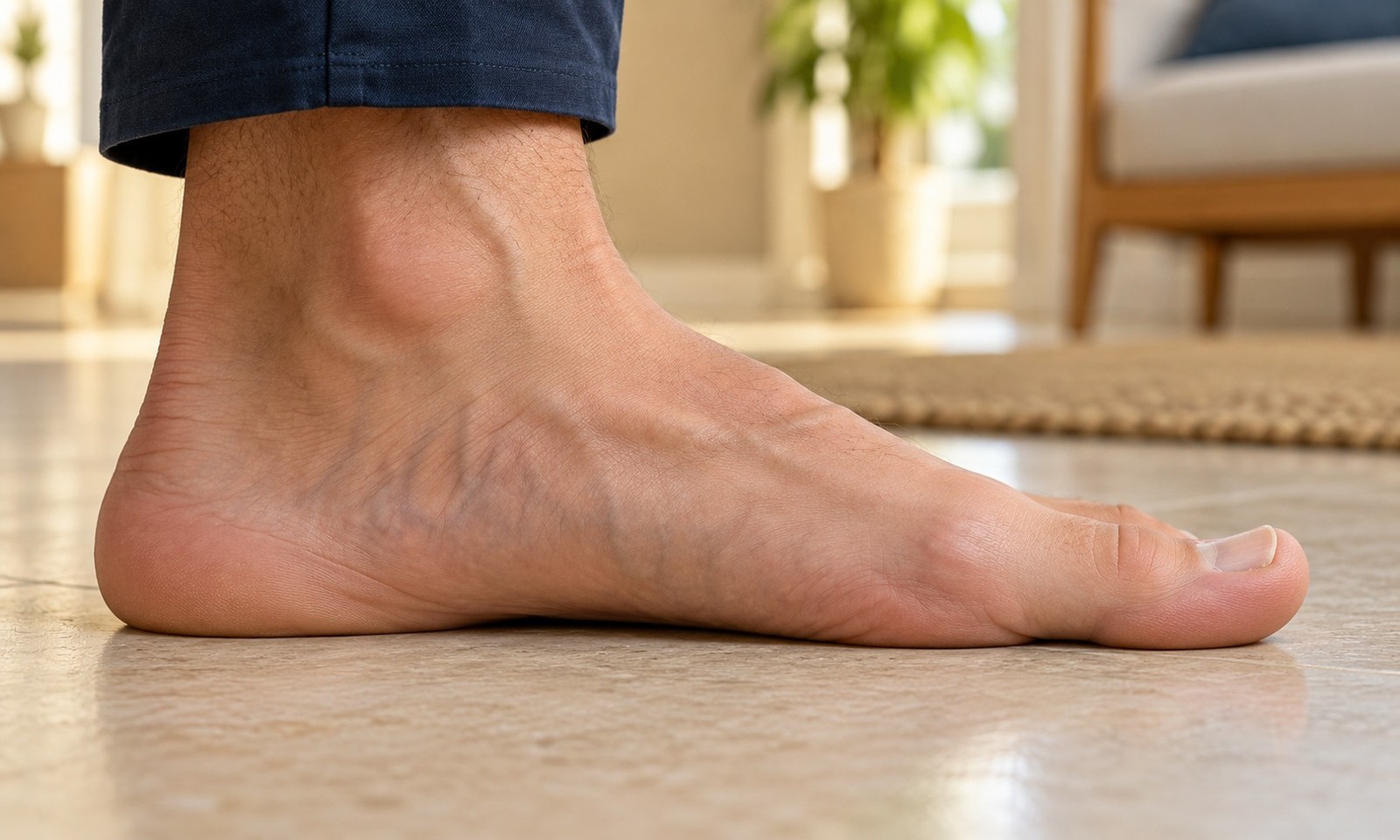 Illustrative medial profile of a weight-bearing bare foot showing a low inner arch, with the big toe nearest the viewer.