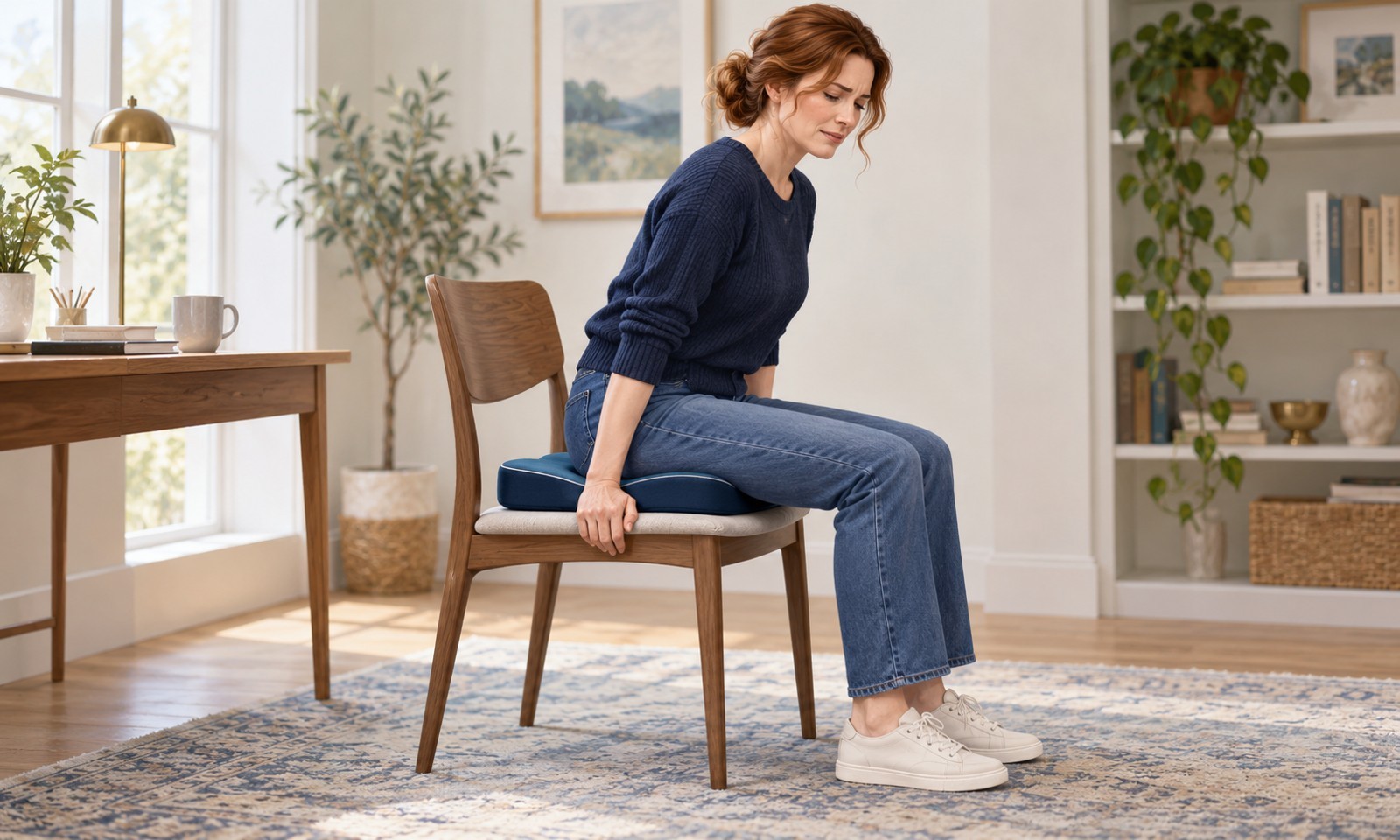 Woman adjusting her sitting position beside a coccyx cushion, illustrating tailbone discomfort.